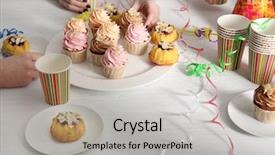  Presentation with birthday party - Presentation theme with birthday party with creamy cakes and juice over wooden table background background and a light gray colored foreground