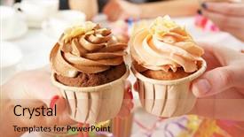  Presentation with birthday party - Presentation with birthday party with creamy cakes and juice over wooden table background background and a coral colored foreground