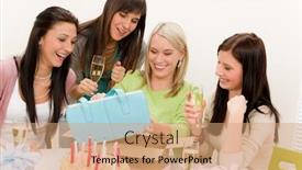 Presentation with birthday party - PPT theme enhanced with birthday party - woman unwrap present celebrating with champagne and cake background and a coral colored foreground