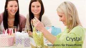  Presentation with birthday party - Beautiful presentation theme featuring birthday party - woman unwrap present celebrating with champagne and cake backdrop and a yellow colored foreground