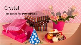  Presentation with pink birthday - Theme featuring birthday pastry on pink plate background and a  colored foreground