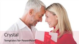  Presentation with gift - Slide deck with birthday present - happy mature couple holding gift background and a coral colored foreground