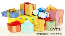  Presentation with bright colorful candy isolated - Slide deck enhanced with birthday present - pile of colorful gifts boxes background and a  colored foreground