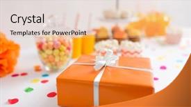  Presentation with birthday party - Audience pleasing theme consisting of birthday present in orange wrap backdrop and a lemonade colored foreground