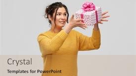  Presentation with young happy people smiling - Presentation featuring birthday-present-surprise-and-people background and a yellow colored foreground