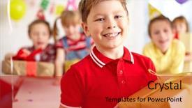 Presentation with birthday boy - PPT theme with birthday smiley - happy boy with giftbox looking background and a crimson colored foreground