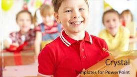  Presentation with birthday boy - PPT theme enhanced with birthday smiley - joyful boy with giftbox looking background and a crimson colored foreground
