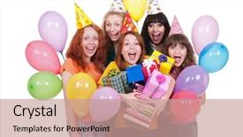  Presentation with happy birthday multicorored balloons - Audience pleasing slide deck consisting of birthday smiley - portrait of happy girls backdrop and a coral colored foreground