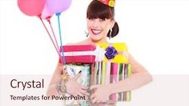  Presentation with hotair balloons - Beautiful slide deck featuring birthday smiley - portrait of joyful woman backdrop and a  colored foreground