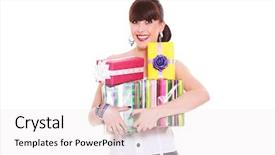  Presentation with gifts - PPT layouts having birthday smiley - portrait of joyful woman background and a  colored foreground