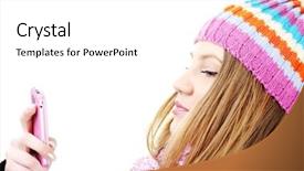  Presentation with sms - PPT theme enhanced with birthday smiley - winter beautiful girl reading sms background and a white colored foreground