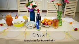  Presentation with beverages - Presentation theme enhanced with birthday table with salads fruits beverages and flowers background and a coral colored foreground