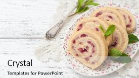  Presentation with biscuit - Presentation consisting of biscuit roulade with cream and cherries background and a sky blue colored foreground