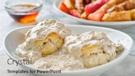  Presentation with cookies and biscuits - Presentation design featuring biscuits-and-gravy-with-sausage background and a soft green colored foreground