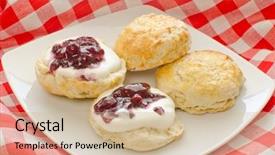  Presentation with blackcurrant - PPT layouts having biscuits scones with whipped cream and blackcurrant jam background and a soft green colored foreground