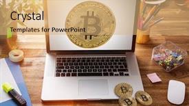 Presentation with bitcoin - Beautiful presentation theme featuring bitcoin gold coin with laptop backdrop and a coral colored foreground