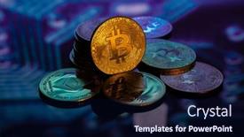  Presentation with bitcoin - Slide set enhanced with bitcoin-gold-coins-on-black background and a navy blue colored foreground