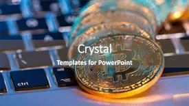  Presentation with virtual keyboard - Beautiful presentation design featuring bitcoin gold coins with laptop backdrop and a violet colored foreground