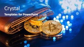  Presentation with bitcoin - PPT theme with bitcoin-gold-coins-with-wallet background and a teal colored foreground