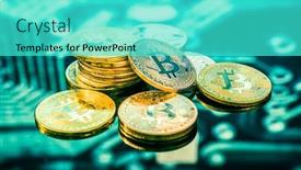 Presentation with printed circuit - PPT theme having bitcoin-gold-silver-and-copper background and a cyan colored foreground