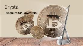  Presentation with bitcoins - Slides with bitcoins-flying-from-tablet-screen background and a soft green colored foreground