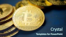  Presentation with bitcoins - Presentation with bitcoins on a blue table background and a ocean colored foreground