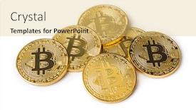  Presentation with bitcoins - Colorful slides enhanced with bitcoins-stack-isolated-on-white backdrop and a yellow colored foreground