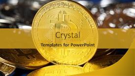  Presentation with bitcoins - Beautiful PPT theme featuring bitcoins-view-on-a-table backdrop and a gold colored foreground