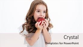  Presentation with girl in red dress - Presentation design featuring biting and eating red apple background and a lemonade colored foreground