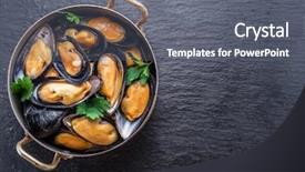  Presentation with graphite - Slide deck consisting of bivalve - boiled mussels in copper pan background and a gray colored foreground