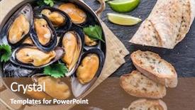  Presentation with graphite - Beautiful theme featuring bivalve - boiled mussels in copper pan backdrop and a coral colored foreground