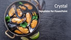  Presentation with graphite - Colorful presentation design enhanced with bivalve - boiled mussels in copper pan backdrop and a gray colored foreground