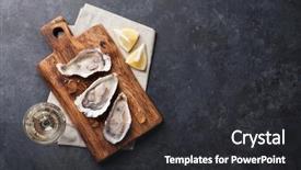  Presentation with lemon wine - Slide set consisting of bivalve - opened oysters ice and lemon background and a dark gray colored foreground