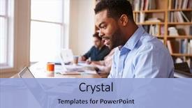  Presentation with busy - Slides enhanced with black - businessman using laptop at desk background and a light blue colored foreground