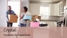  Presentation with new home - Amazing slide deck having black - young couple moving backdrop and a coral colored foreground