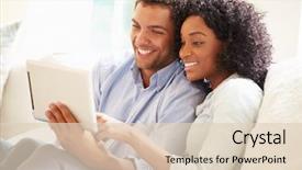  Presentation with using digital tablet - Colorful PPT layouts enhanced with black - young couple sitting on sofa backdrop and a lemonade colored foreground