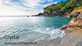  Presentation with nata de coco tropical - Presentation design enhanced with black abstract waves - tropical stones beach before sunset background and a  colored foreground