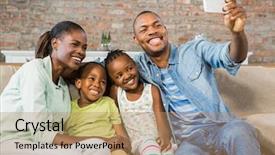  Presentation with living room family - Slide deck featuring black adult - happy family taking a selfie background and a coral colored foreground