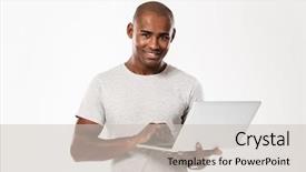  Presentation with african american in computer - Slides featuring black adult - image of happy young african background and a soft green colored foreground