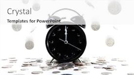  Presentation with piles - Beautiful presentation design featuring black alarm clock at midnight with falling coins and piles of money backdrop and a white colored foreground