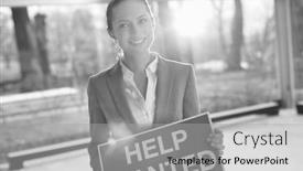  Presentation with help wanted - Presentation with black and confident young businesswoman holding red help wanted sign while standing at office background and a light gray colored foreground