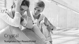  Presentation with college campus - Colorful PPT layouts enhanced with black and white photo of woman consoling friend sitting at corridor in college campus backdrop and a light gray colored foreground