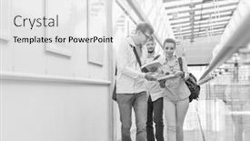  Presentation with black students - Cool new slides with black and white photo of students exchanging books while walking in corridor at college backdrop and a white colored foreground