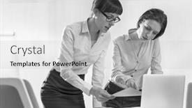  Presentation with business office desk - Theme consisting of black and white photo of business colleagues discussing over documents at desk in office background and a light gray colored foreground