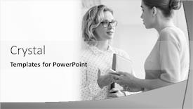  Presentation with new office - PPT layouts having black and white photo of confident businesswomen discussing while standing at new office background and a white colored foreground