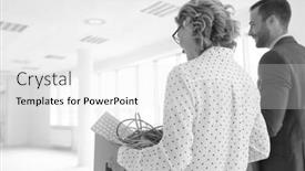  Presentation with new office - Slide deck with black and white photo of business colleagues carrying cardboard box at new office background and a white colored foreground