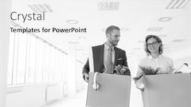  Presentation with new office - Colorful PPT theme enhanced with black and white photo of smiling business colleagues carrying cardboard boxes at new office backdrop and a white colored foreground