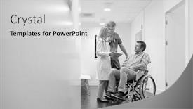  Presentation with black patient - Amazing PPT theme having black and white photo of mature doctor with digital tablet explaining patient on wheelchair at hospital backdrop and a light gray colored foreground