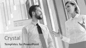  Presentation with black people - Colorful slide set enhanced with black and white photo of tilt image of business people discussing while standing at office backdrop and a light gray colored foreground