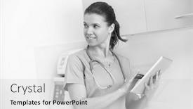  Presentation with black dental - Presentation design enhanced with black and white photo of smiling doctor using digital tablet at dental clinic background and a light gray colored foreground